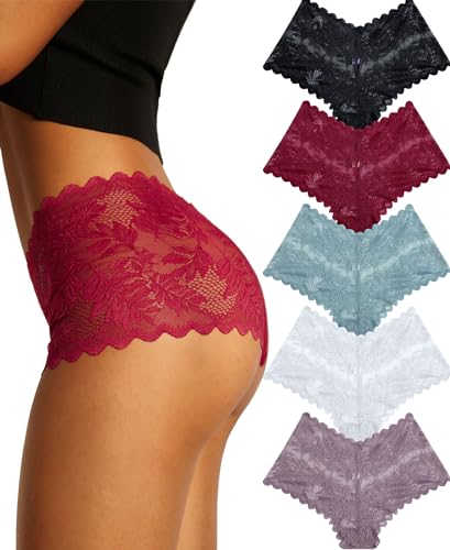 FINETOO Sexy Underwear for Women V-Waist Shorts Women' s Underwear Lightweight Soft Lace High Waist Panties 5 Pack
