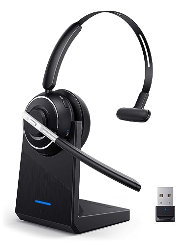 PrancyBt Bluetooth Headset, Wireless Headset with Microphone for PC, V5.2 Computer Headset with Noise Cancelling Mic, USB Dongle, Charging Base & Mute Button for Work, Cell Phones, Computer (Black)