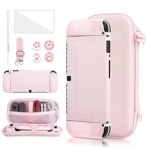 GLDRAM Carrying Case for Nintendo Switch OLED, 9 in 1 Cute Accessories Kit with Travelling Case, Soft TPU Cover, Glass Screen Protector, Thumb Grip Caps, Wrist Band, Shoulder Strap for Girls - Pink