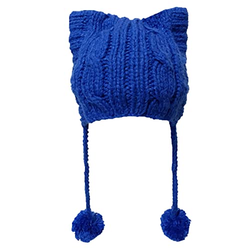 BIBITIME Winter Women's Hat Pussy Cat Ear Beanie Braided Pompom Balls Knit Cap (Royal Blue, One Size for Women Lady)