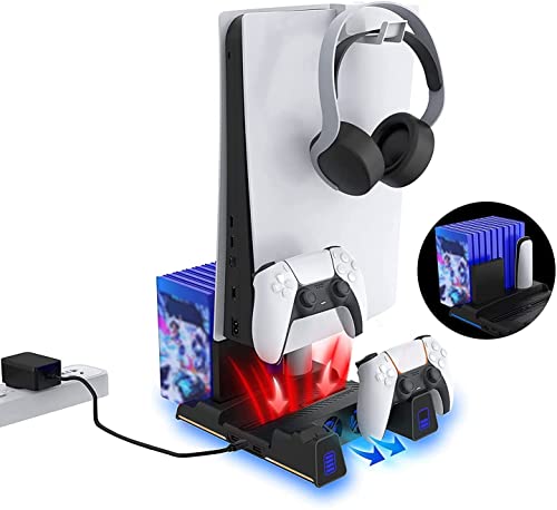 NexiGo PS5 Slient Cooling Stand with RGB LED Light, Dual Charging Station Compatible with DualSense Edge Controller, Hard Drive Slot, Headset and Remote Holders, 10 Game Slots, Black