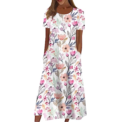 Summer Dresses for Women 2024 Round Neck Prinedt Basic Dresses Plus Size Flowy Short Sleeve Dress with Pockets Light Blue Womens Dresses for Wedding Guest Dress Night Out（3X-Large,2-Pink）
