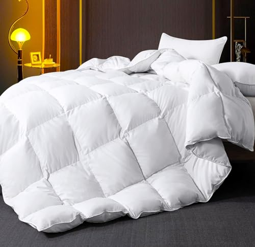 WhatsBedding White King Size Feather Comforter,Filled with Feather and Down, All Season Duvet Insert, Luxurious Hotel Bed Comforter, 100% Cotton Cover,Medium Warmth with Corner Tabs,106x90 Inch