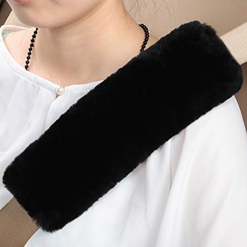 Authentic Sheepskin Car Seat Belt Pad,2 Pack Soft Seat Belt Cover for Shoulder Pad Neck Cushion Protector Car Accessories by Genuine Natural Merino Wool (Black)