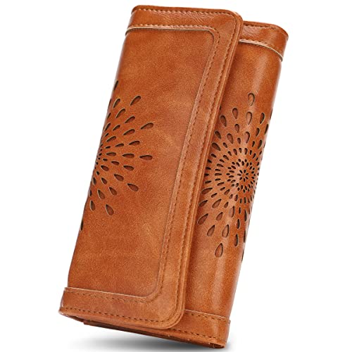 APHISON Womens Wallets RFID Blocking PU Leather Clutch Long Wallet for Women Card Holder Phone Organizer Ladies Travel Purse Hollow Out Sunflower Design Gift Box 2214 Brown