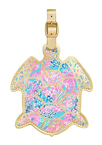 Lilly Pulitzer Turtle Shaped Luggage Tag with Secure Strap, Durable Vegan Leather, Colorful Suitcase Identifier for Travel, Splendor in The Sand