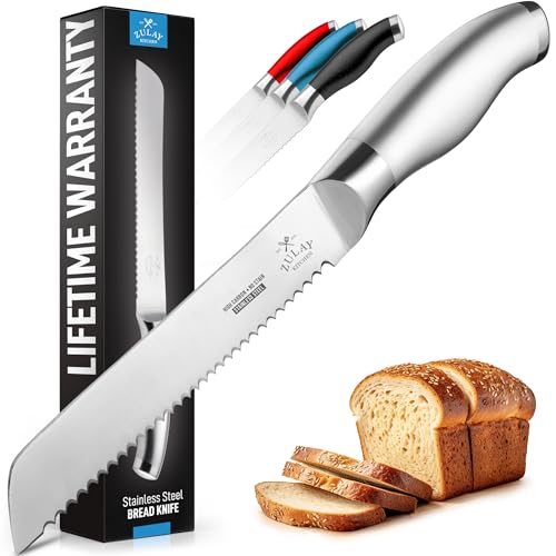 Zulay Kitchen Serrated Bread Knife - Ultra Sharp Stainless Steel Bread Knife for Homemade Bread, Cakes & Bagels - Razor Sharp Wavy Edge Bread Cutter & Slicer - 8-Inch Blade with 5-Inch Handle