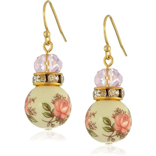 1928 Jewelry Pink Floral Decal Beaded Drop Earrings