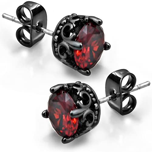 KZZENKI Red and Black Earrings Vintage Crown Stainless Steel Cubic Zirconia Stud Earrings Cool Gothic Jewelry