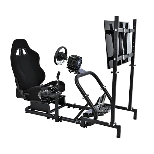 Marada Driving Simulator Cockpit with Monitor Stand&Black Seat Fit for G923 G920 T500,FANTEC,T3PA/TGT, Stable & Strong Wheel and Pedal Not Included Racing Cockpit Full Kit-54