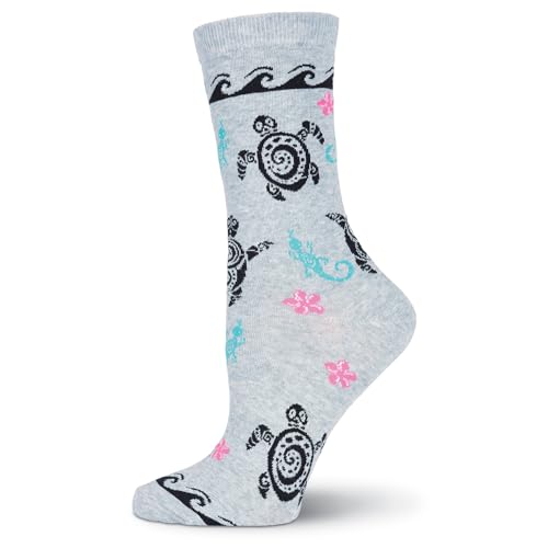K. Bell Socks Women's Animal Fun & Cute Novelty Crew Socks, Tribal Turtles (Grey), Shoe Size: 4-10
