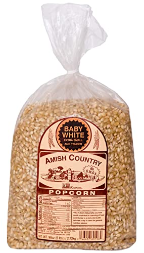 Amish Country Popcorn - Baby White (6 Pound Bag) - Small & Tender Popcorn - Old Fashioned And Delicious with Recipe Guide