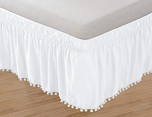 Elegant Comfort Top-Knot Tassle Pompom Fringe Ruffle Skirt Around Style Elastic Bed Wrap- Wrinkle Resistant 16 inch Drop, Queen/King, White