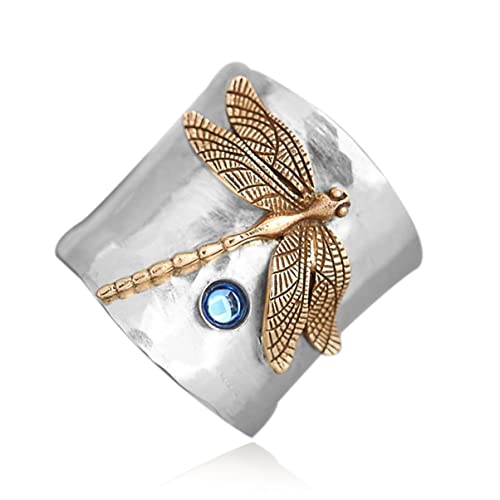 Big Large Dragonfly Wide Band Ring for Women Girls,S925 Sterling Silver Punk Biker Gothic Animal Insect Thumb Index Middle Finger Boho Ring Jewelry Gift for Her,Size 6-11 (Ring_B, 11)