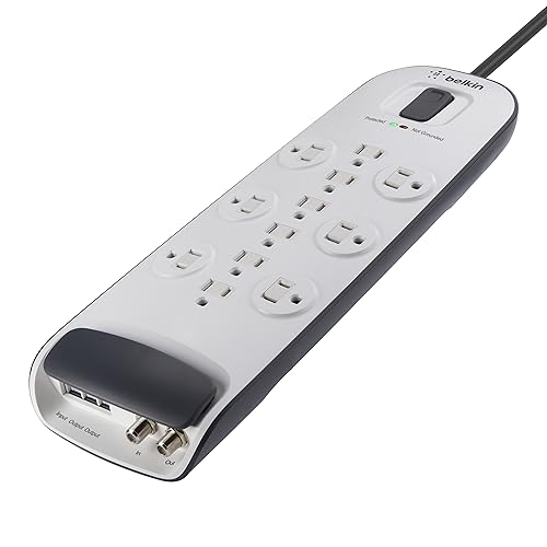 Belkin Power Strip Surge Protector - 12 AC Multiple Outlets, Ethernet & Cable Protection - 8 ft Long Extension Cord for Home, Office, Travel, Computer Desktop & Phone Charger - 3996 Joules, White