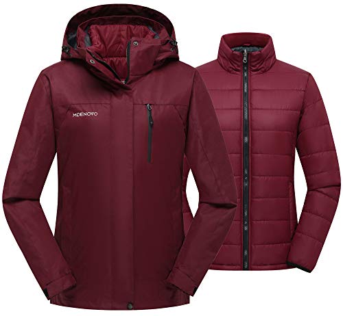 MDENOVO Women's 3 in 1 Ski Jacket Waterproof Puffer Inner Warm Winter Coat Snowboard Mountain Jacket(Wine Red, Medium)