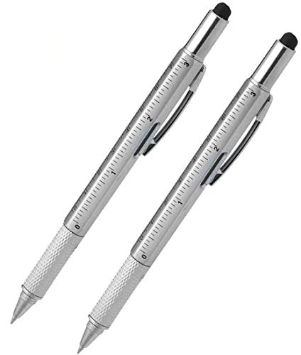 Stylus Pen, 7-in-1 Multi-Tool Pen [Touchscreen Stylus, Ballpoint Pen, Ruler, Level, Phillips Screwdriver and Flathead] (2 Pack Silver)