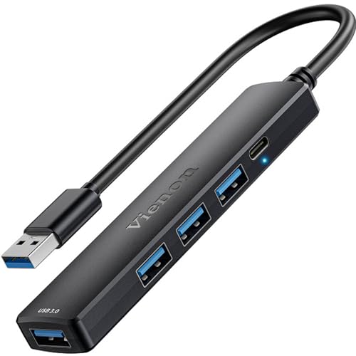 VIENON 5-Port Powred USB 3.0 Hub, USB Extender USB Splitter with 5V USB-C Power/Data Port, USB Extender for A Port Laptop, PC, PS4/5, Xbox, Car and More