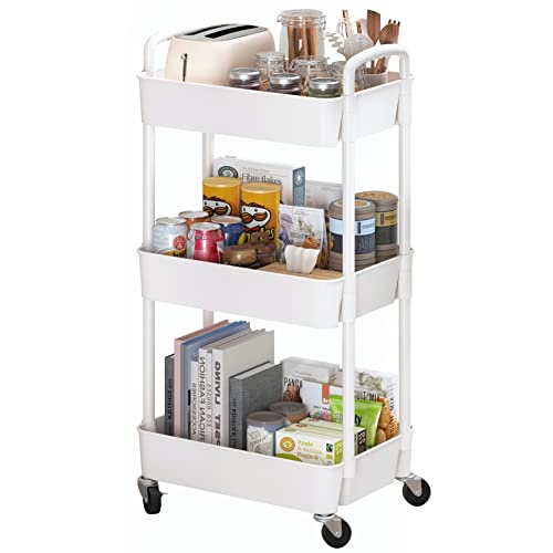 Sywhitta 3-Tier Plastic Rolling Utility Cart with Handle, Multi-Functional Storage Trolley for Office, Living Room, Kitchen, Movable Storage Organizer with Wheels, White