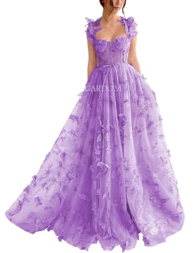 GARDOM Dusty Purple Tulle Prom Dress Sweetheart 3D Butterfly Prom Dresses Long Ball Gown with Pockets A Line Corset Prom Dress High Split Evening Party Dress Homecoming Dress Size 6