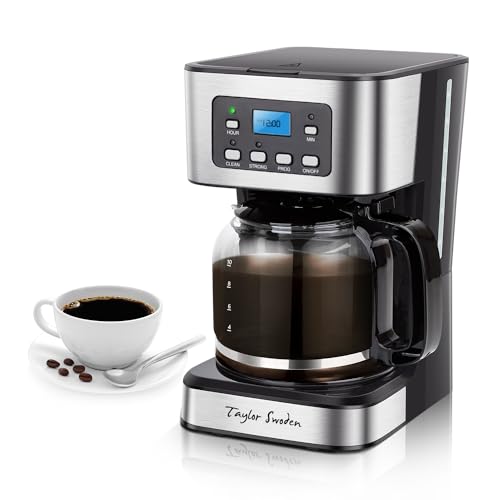 Taylor Swoden 12-Cup Programmable Coffee Maker, Regular & Strong Brew Drip Coffee Machine for Home and Office, Glass Carafe, Pause & Serve, Auto Shut Off, Black & Stainless Steel