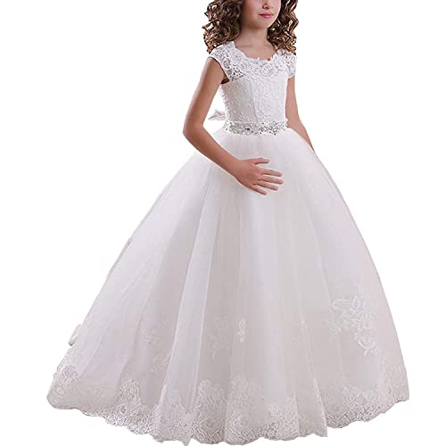 Abaowedding First Communion Dresses Flower Girl Dress Lace Up Communion Dress Ball Gown Girl Dress (White Sash US8)