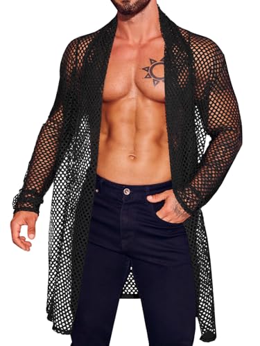 Runcati Mens Mesh Fishnet Cardigan See Through Open Front Long Sleeve Sexy Muscle Fit Party Top Black