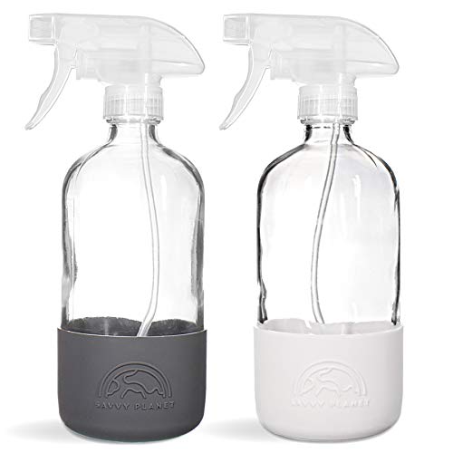 SAVVY PLANET Empty Clear Glass Spray Bottles with Silicone Sleeve Protection - Refillable 16 oz Containers for Cleaning Solutions - Quality Sprayer - 2 Pack