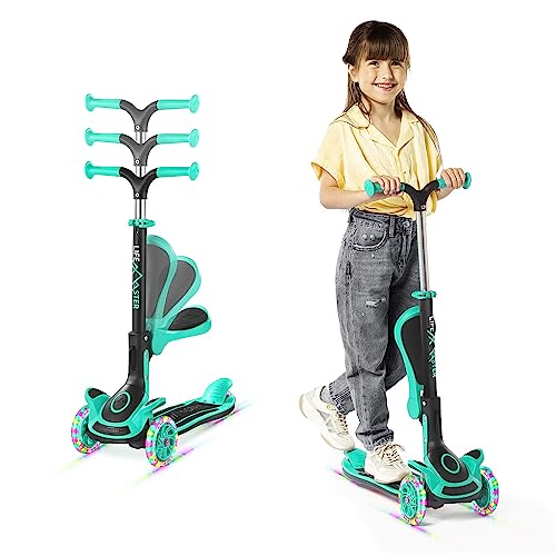 Kids Scooter – Foldable Seat – LED Wheel Lights Illuminate When Rolling – Children and Toddler 3 Wheel Kick Scooter – Adjustable Handlebar – Indoor and Outdoor- Teal - by Lifemaster