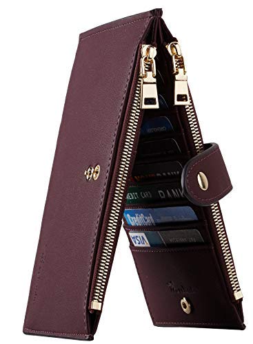 Travelambo Womens Walllet RFID Blocking Bifold Multi Card Case Wallet with Zipper Pocket (Red Wine)