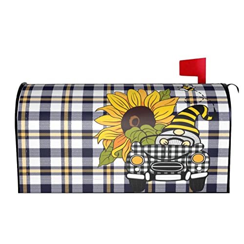 Oplp Funny Summer Gnome Driving Car and Sunflower Waterproof Mail Cover Magnetic Mailbox Wraps Plaid Pattern Post Letter Box Cover for Garden Home Decor 21x18 in
