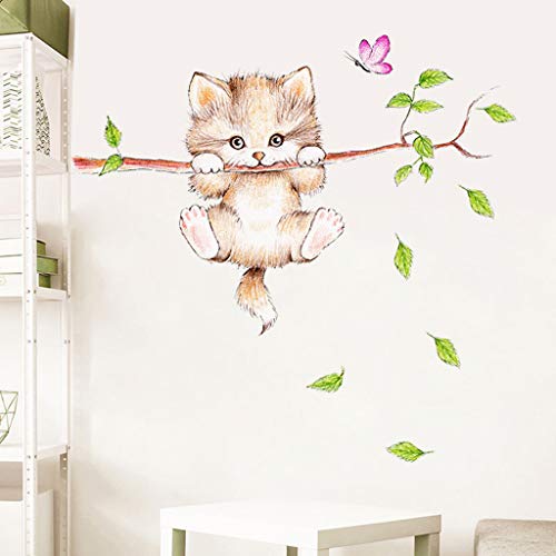 Bokeley Removable Wall Stickers, 12 x 23.62inch Cute Cartoon Cat Green Leaf Wall Sticker Bedroom Study Background Wall Sticker (Multicolor)