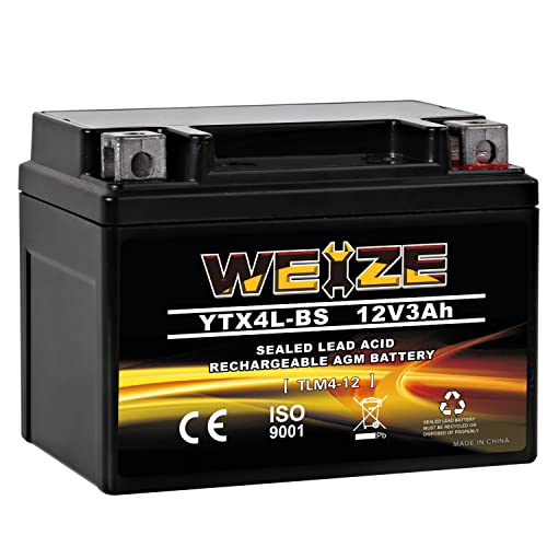 Weize YTX4L-BS High Performance-Rechargeable-Sealed Motorcycle Battery Compatible With Polaris Scrambler, Sportsman 90, Honda Scooters NQ50 Spree,Kawasaki 110 Can-Am DS70,Yamaha TTR125E/LE