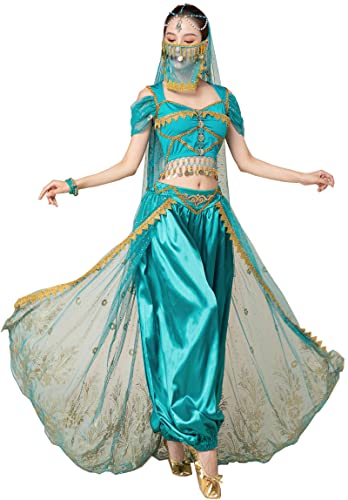 ORIDOOR Women's New Aladdin Jasmine Princess Halloween Costume Set Belly Dance for Dress Up Party Outfit Medium, Malachite Blue