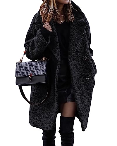 BTFBM Women's 2024 Winter Faux Fur Coats Long Sleeve Lapel Fuzzy Fleece Outerwear Button Down Sherpa Jackets Cardigan(Solid Black, Small)