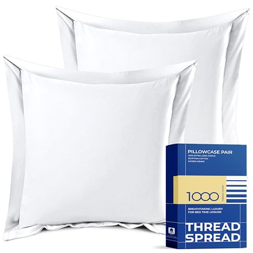 THREAD SPREAD European Square Pillow Shams Set of 2 White 1000 Thread Count 100% Egyptian Cotton Pack of 2 Euro 26 x 26 Bright White Pillow Shams Cushion Cover, Super Soft Decorative.