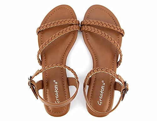 Greatonu Women's Flat Sandals Summer Braided Slip On Gladiator Sandals Open Toe Strappy Slingback Shoes Camel Size 9