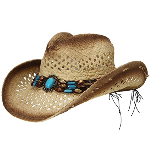 BRU-URB Breathable Cowboy Summer Hat Hollow Out Straw Hat for Women Bead Belt Beach Sun Hat Fashion Bucket Cap, 6 7/8-7 3/8