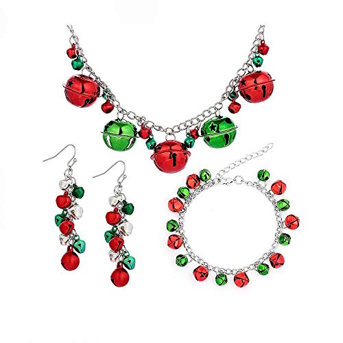 Silver Red Green Christmas Jingle Bell Cute Ornament Long Chain Dangle Earrings Bracelets Necklaces for Women Teen Girls Hook Stocking Stuffers Hypoallergenic Party Jewelry Gifts for Daughter BFF Set