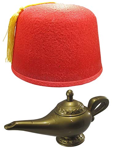 Nicky Bigs Novelties Red Fez Hat Cap And Genie Magic Wish Lamp Costume Set Kit