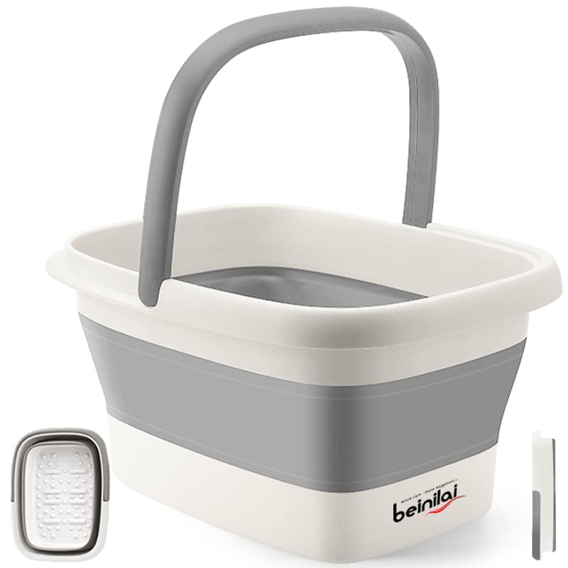 Collapsible Foot Bath Basin for Soaking Feet,Foot Soak Tub,Plastic Foot Bucket with Handles and Massage Acupoint,Foldable Laundry Basket-Gery