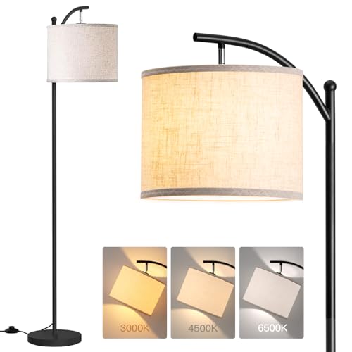 addlon Floor Lamp for Living Room with 3 Color Temperatures, Standing lamp with Linen lampshade for Bedroom, Office, Lamps with 9W LED Bulb Included - Black with Beige Lampshade
