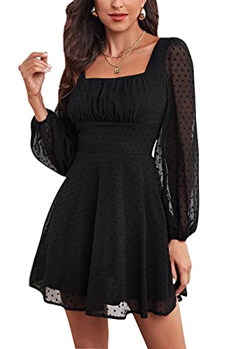 LYANER Women's Polka Dots Square Neck A line Long Sleeve Swiss Dots Mini Dress Black Medium