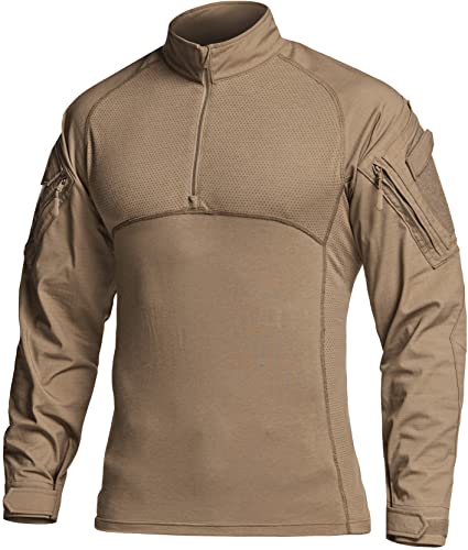 CQR Men's Combat Shirt Tactical 1/4 Zip Long Sleeve Military BDU Shirts Camo EDC Top with Pockets, Military Shirts Coyote, X-Large