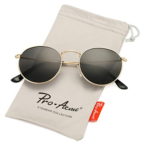Pro Acme Small Round Metal Polarized Sunglasses for Women Retro Designer Style (Gold Frame/Black Lens)