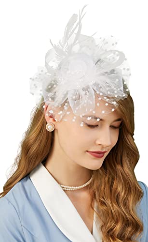 Fascinators Hat for Women Tea Party Headband Kentucky Derby Wedding Flower Cocktail Mesh Feathers Hair Clip(1-a-White)