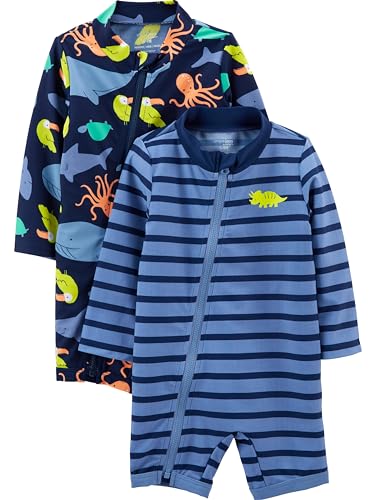 Simple Joys by Carter's Boys' 2-Pack 1-Piece Zip Rashguards, Navy Sea Friends/Purple Stripe, 12 Months