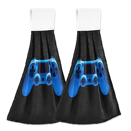 Oyihfvs Video Game Joystick Gamepad in Blue Neon Lights Isolated on Black 2 Pcs Hanging Kitchen Hand Towel, Soft Face Bath Towel, Fast Drying Cleaning Towels with Hook & Loop Home Washcloth Dishcloth