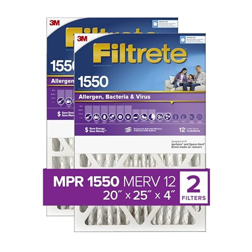 Filtrete 20x25x4 Air Filter MPR 1550 DP MERV 12, Healthy Living Ultra Allergen Deep Pleat, 2-Pack, Fits Lennox & Honeywell Devices (exact dimensions 19.88x24.63x4.31)