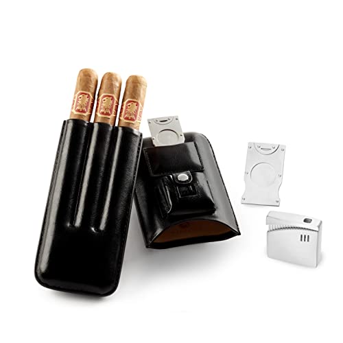 Mantello Luxury Portable 3 Holder Cigar Case Set with Cigar Cutter and Lighter Set, Great Cigar Travel Case Gift